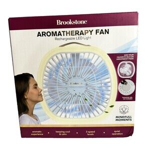 Brookstone Aromatherapy Fan Rechargeable built-in LED Light 3-Speed Level